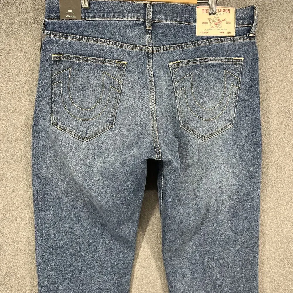 True Religion Jeans Mens 34 X 32 Blue Geno Relaxed Slim‎ Medium Tide Wash